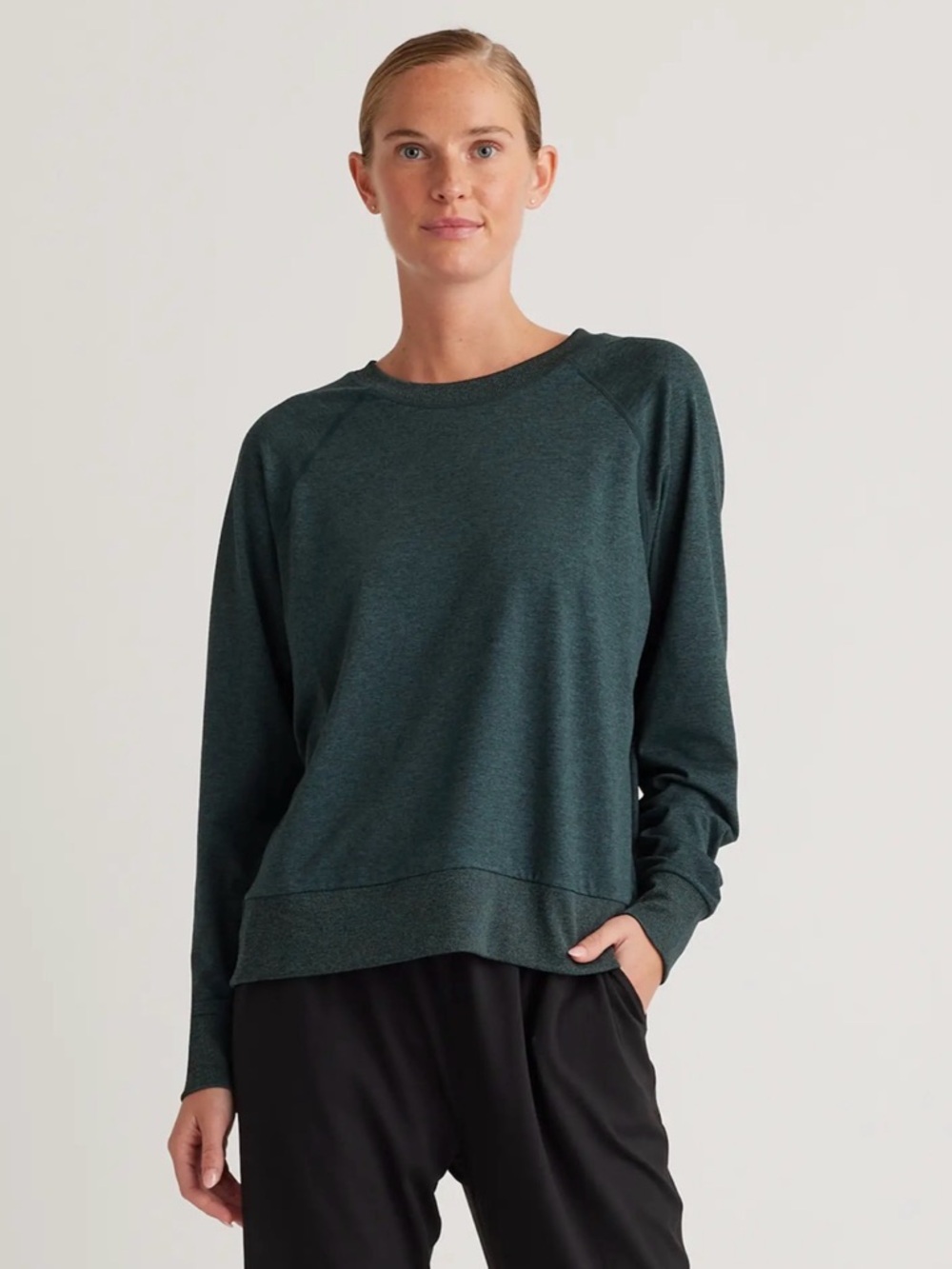 Quince Flowknit Pullover Crew – Heather Green | Medium | Boxy Sweatshirt